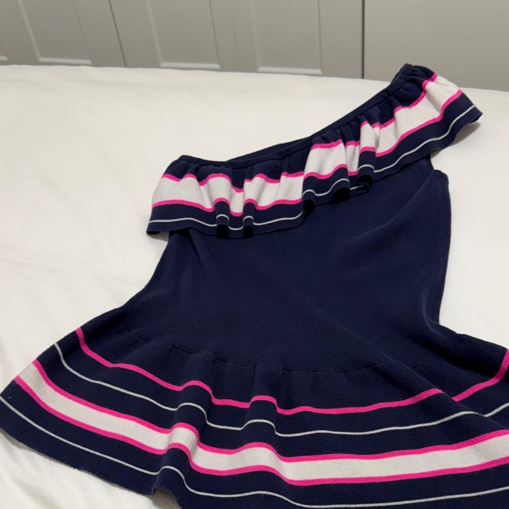 Lilly Pulitzer One-Shoulder Top in Navy with Pink and White Stripes